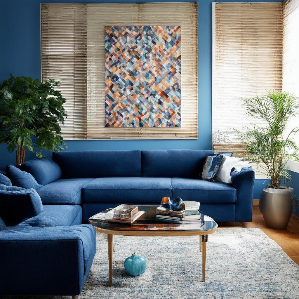 Style with geometric prints in a blue living room