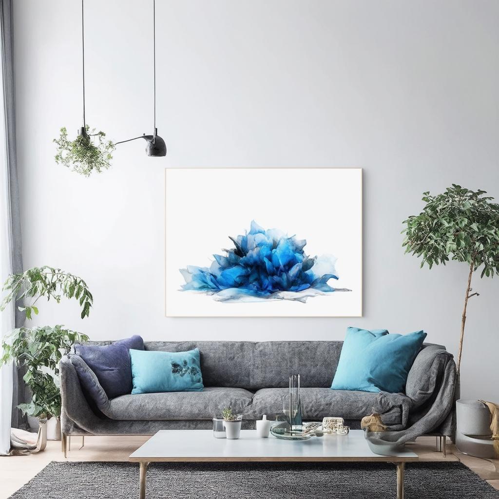 Create a gallery wall with blue-themed art in your living room