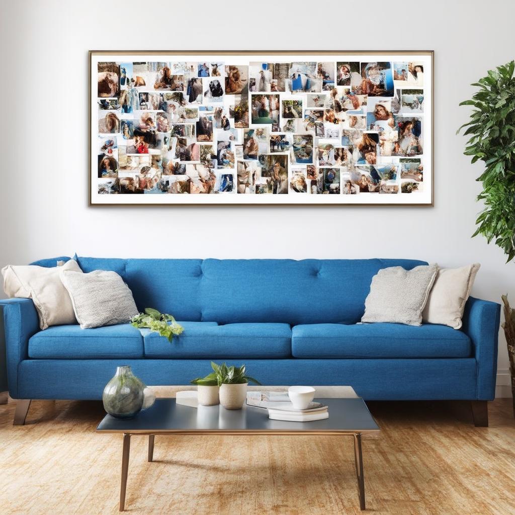 Display a gallery⁢ wall⁣ with family photos in the ⁢blue living⁢ room