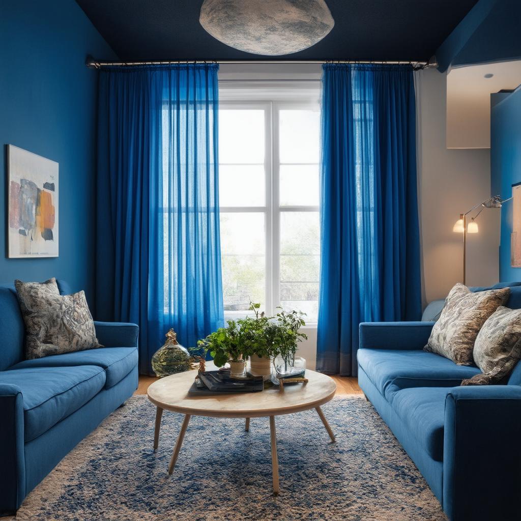 Hang sheer curtains to soften ⁣light in a blue living room