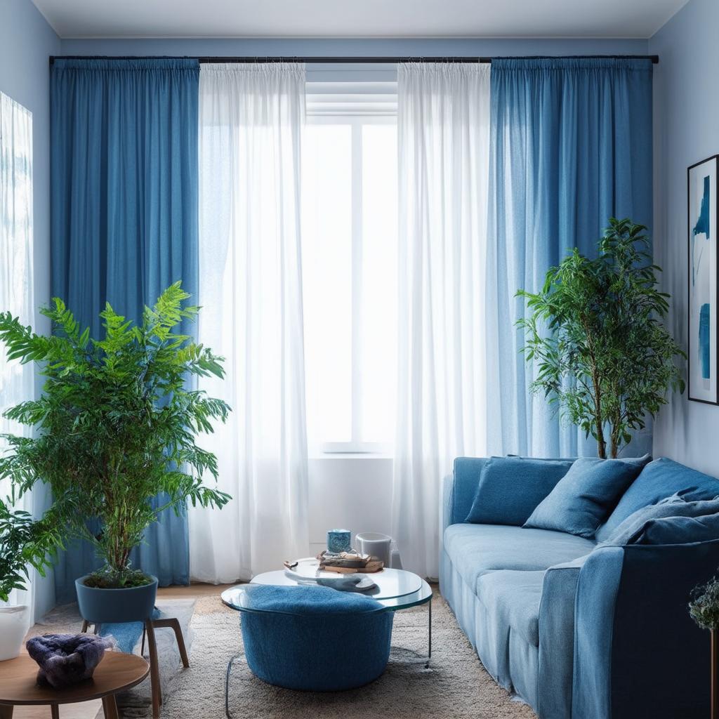 Install sheer curtains ‌to‍ let‌ in soft light for‌ your blue ​living room