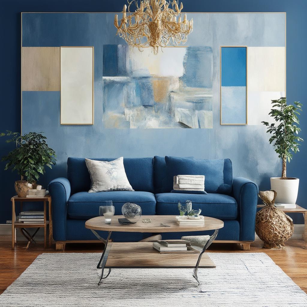 Use abstract art to brighten your blue living room walls