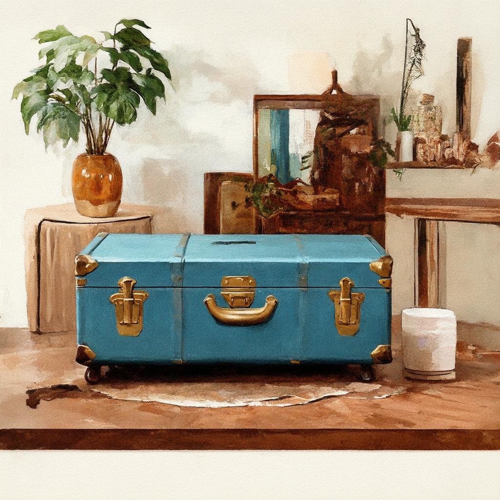 Incorporate a vintage blue trunk as a coffee table