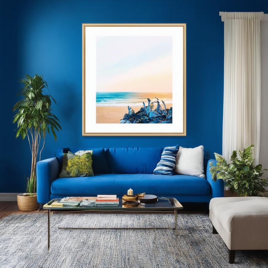 Design a coastal vibe in a bright blue living room