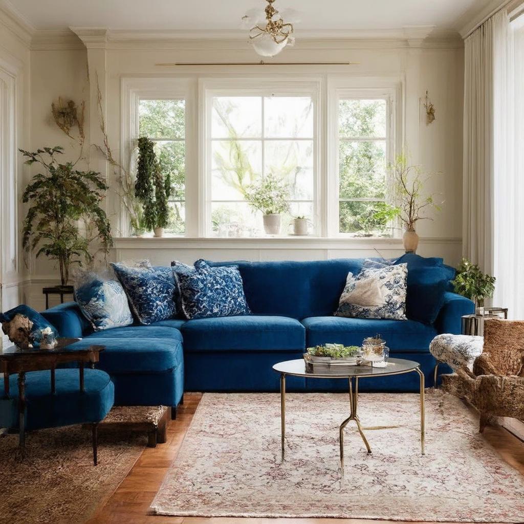 Include vintage furniture pieces for character in a blue living room