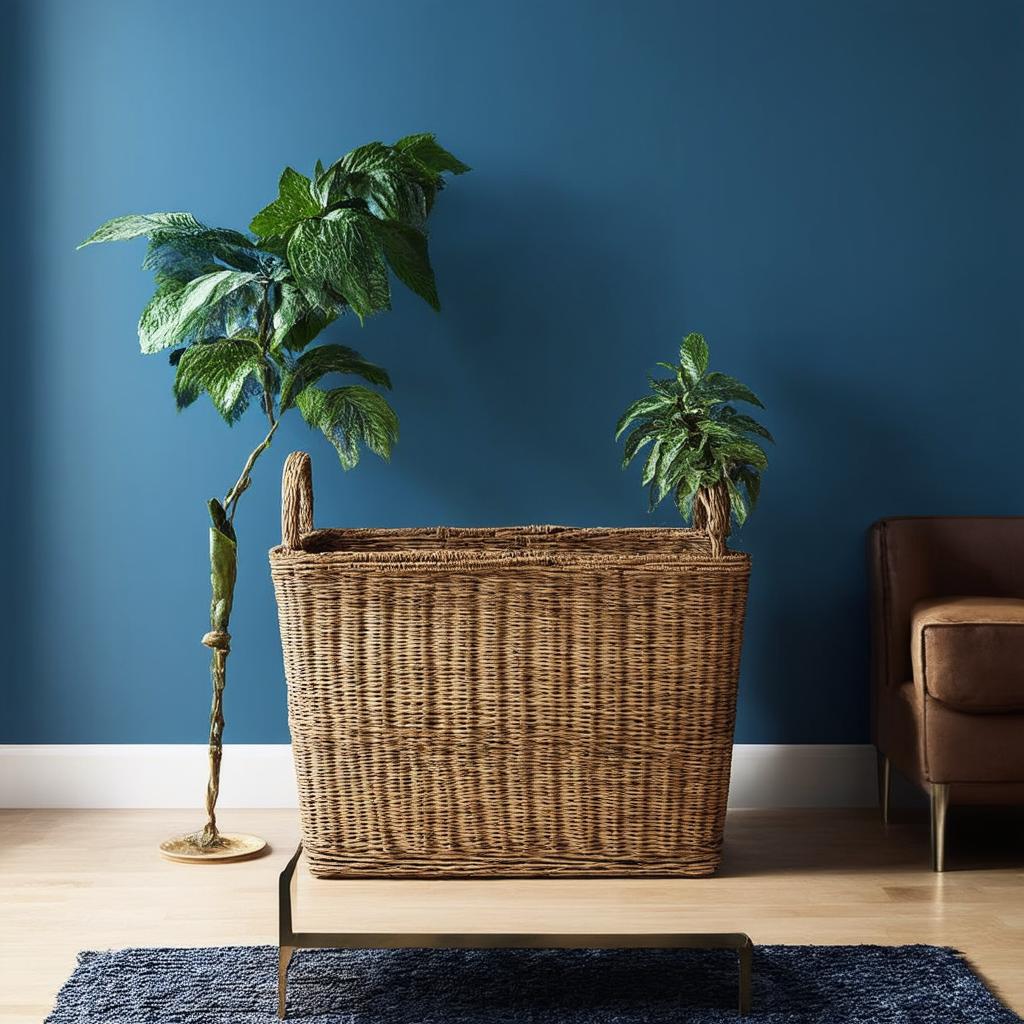 Incorporate woven baskets for stylish storage in a blue living room