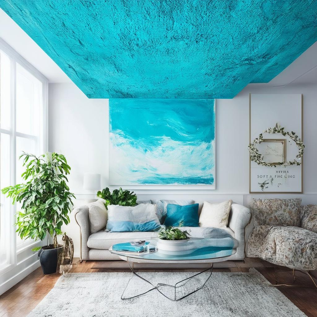 Paint the ceiling a soft blue for an airy living room feel