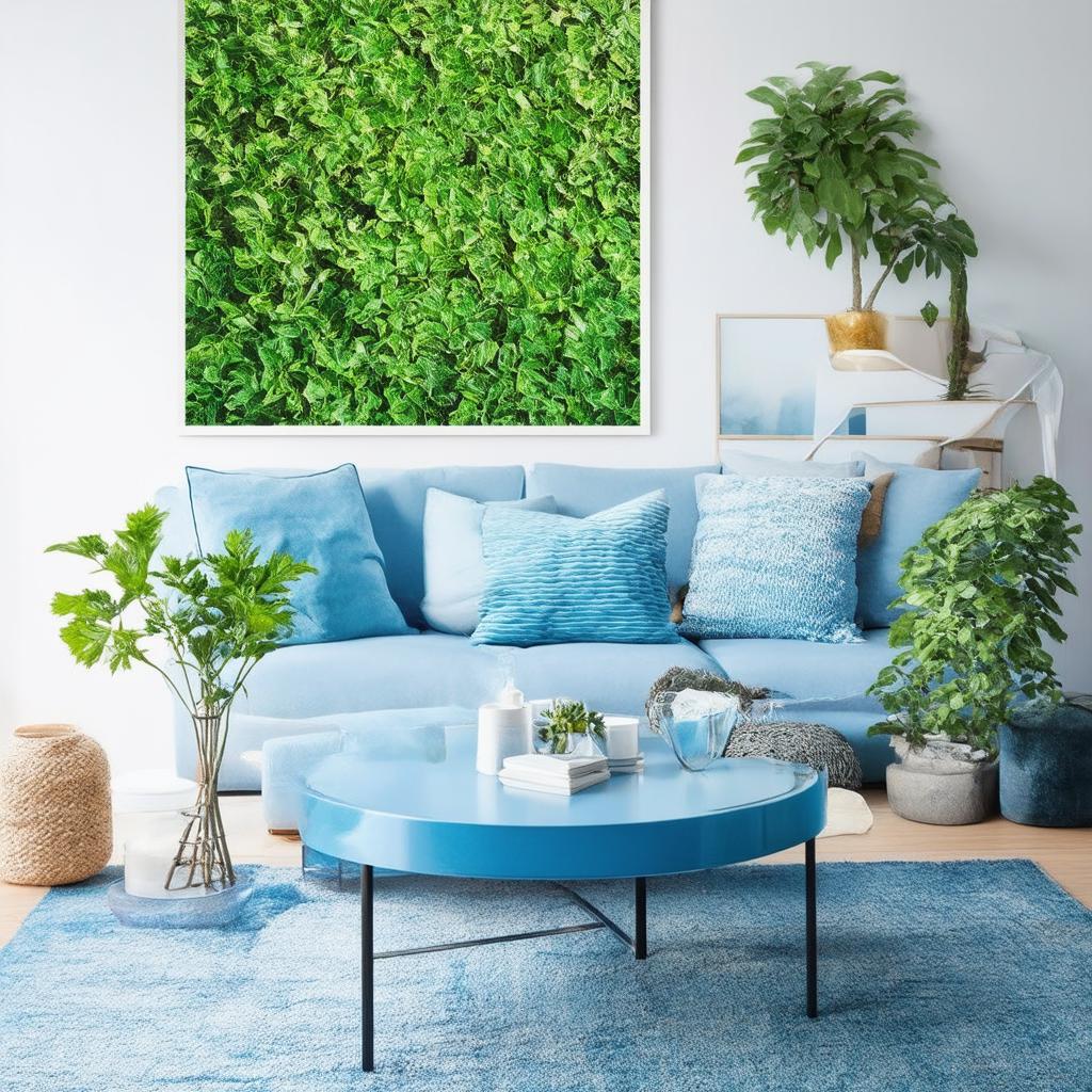 Incorporate green plants for a vibrant blue living room