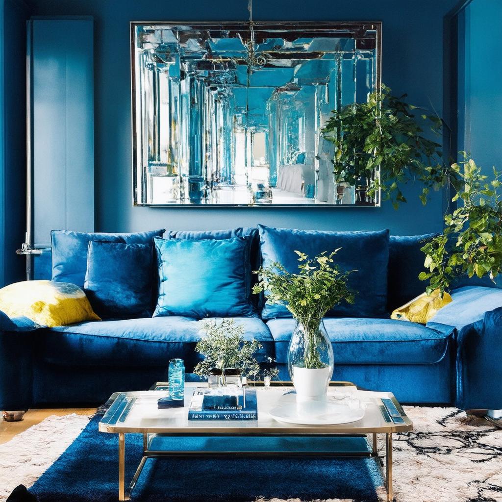 Use mirrored furniture to reflect light in your blue living room