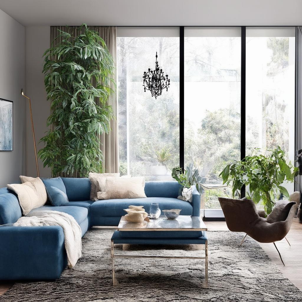 Incorporate metal accents for a modern blue living room