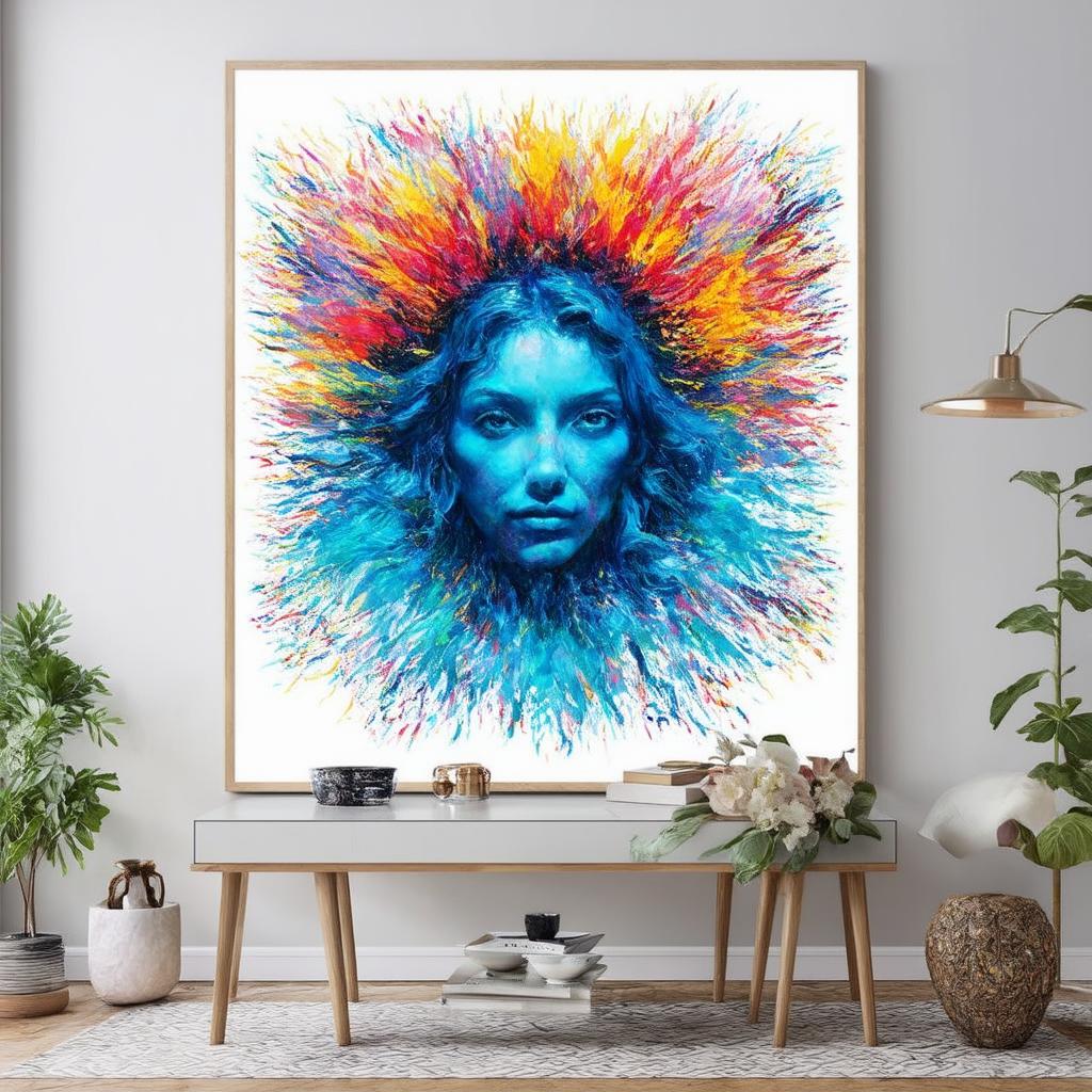 Add colorful artwork that complements the blue ​tones in​ your living room