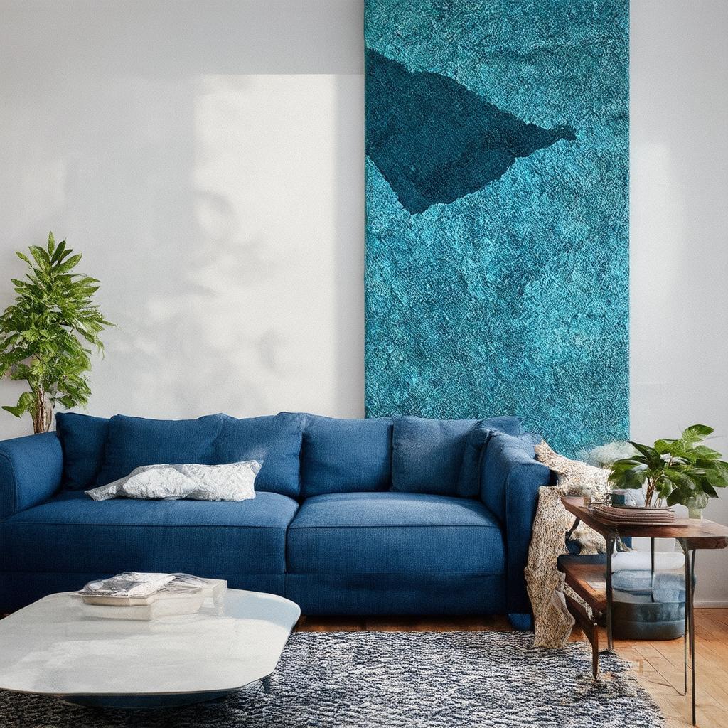 Incorporate rich textures for depth ‌in a blue living room