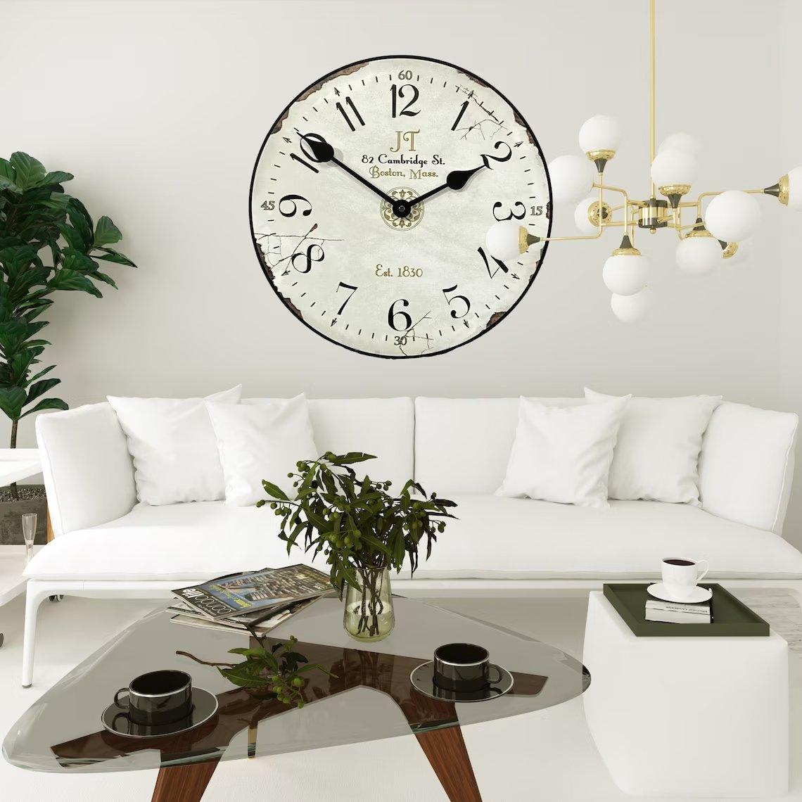 Hang an oversized vintage clock as a focal point in your Vintage Living Room