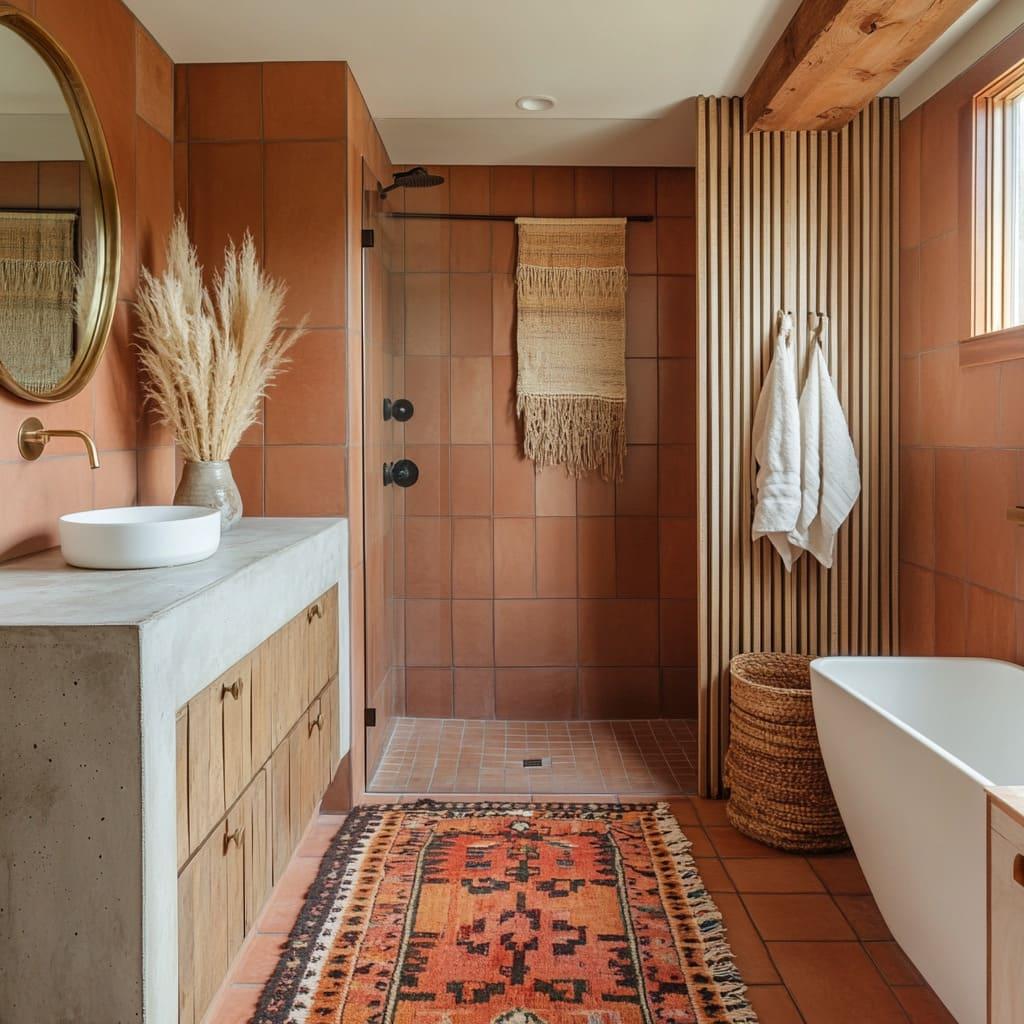 Select earthy color palettes to evoke tranquility in your boho bathroom