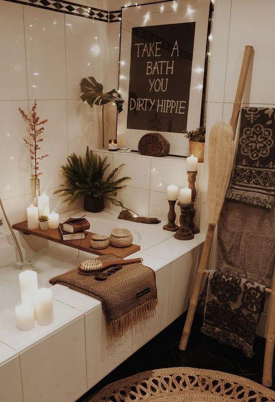 Candles and crystals elevate the​ ambiance of a boho bathroom