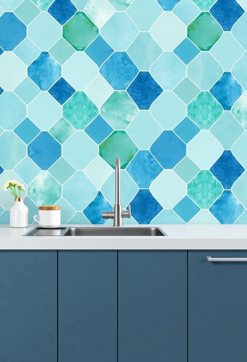 Overlapping Hexagons: experiment ⁤with overlapping hexagon tiles in varying‌ shades of⁣ blue and green, ⁣offering a contemporary⁤ twist on coastal aesthetics