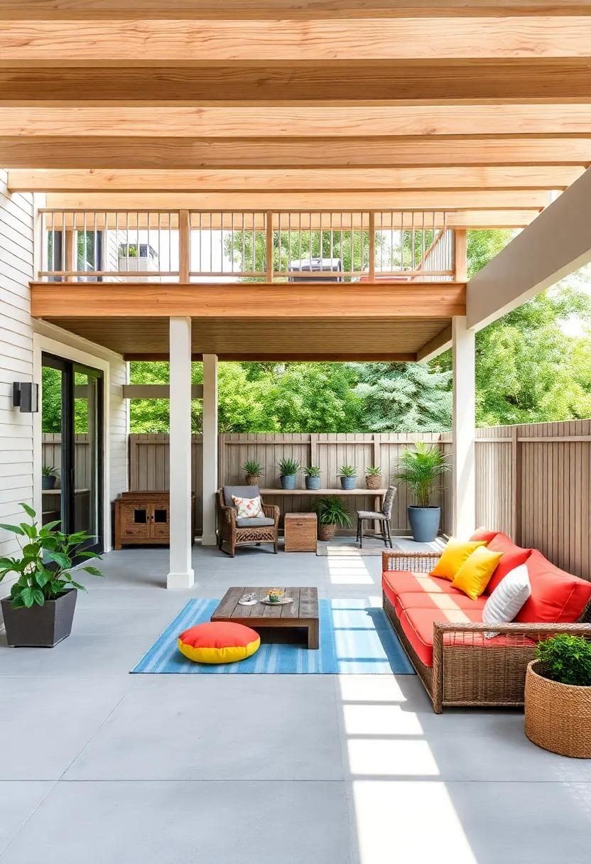 Parenting &‍ Play Zone: Design⁢ a split-level ⁢patio with an upper ​deck⁢ for adults​ and ⁤a lower deck featuring a soft play‌ area ‌with bright ‍cushions for kids to tumble and play safely