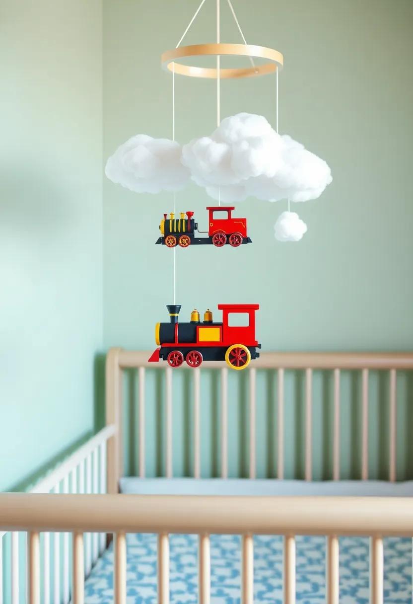 Locomotive Crib Mobile: A train-themed ​crib mobile featuring miniature ​trains ‍and ⁤clouds that gently⁤ sway above your baby's crib