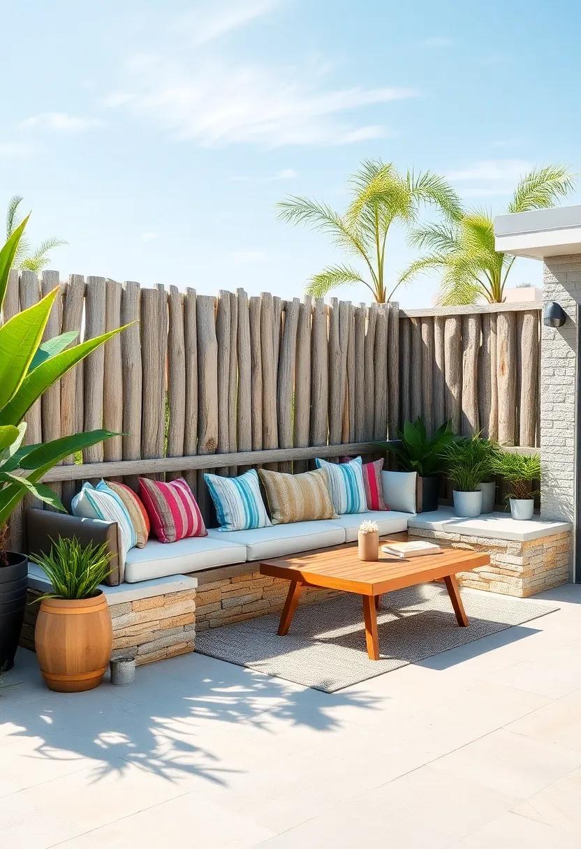 Coastal Escape: A beach-inspired fence made of driftwood features built-in seating, complete ⁣with nautical accents, perfect for relaxing by the water
