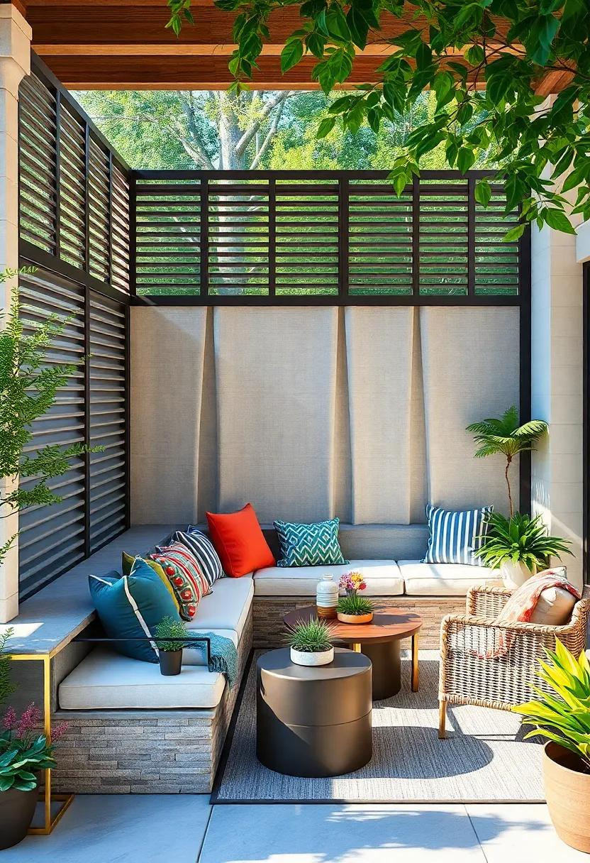 Multi-Functional Privacy Screen:⁣ A louvered privacy fence boasts built-in seating that invites you ​to relax while maintaining the​ intimacy of ⁤your outdoor space