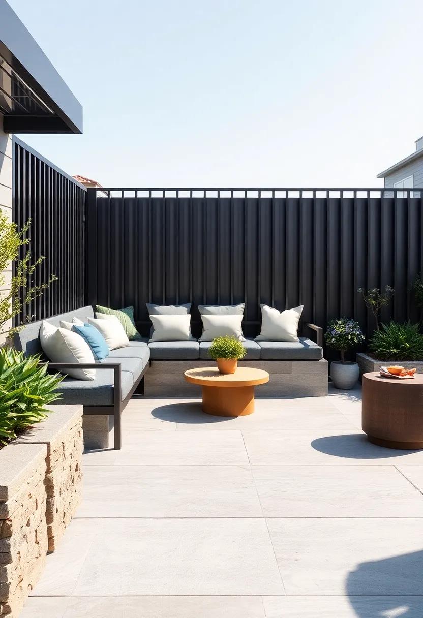 Sleek⁣ Metal Masterpiece: A modern metal fence features⁢ integrated ‍bench seating with ⁣plush cushions, providing ​a contemporary twist that⁢ is both stylish and comfortable