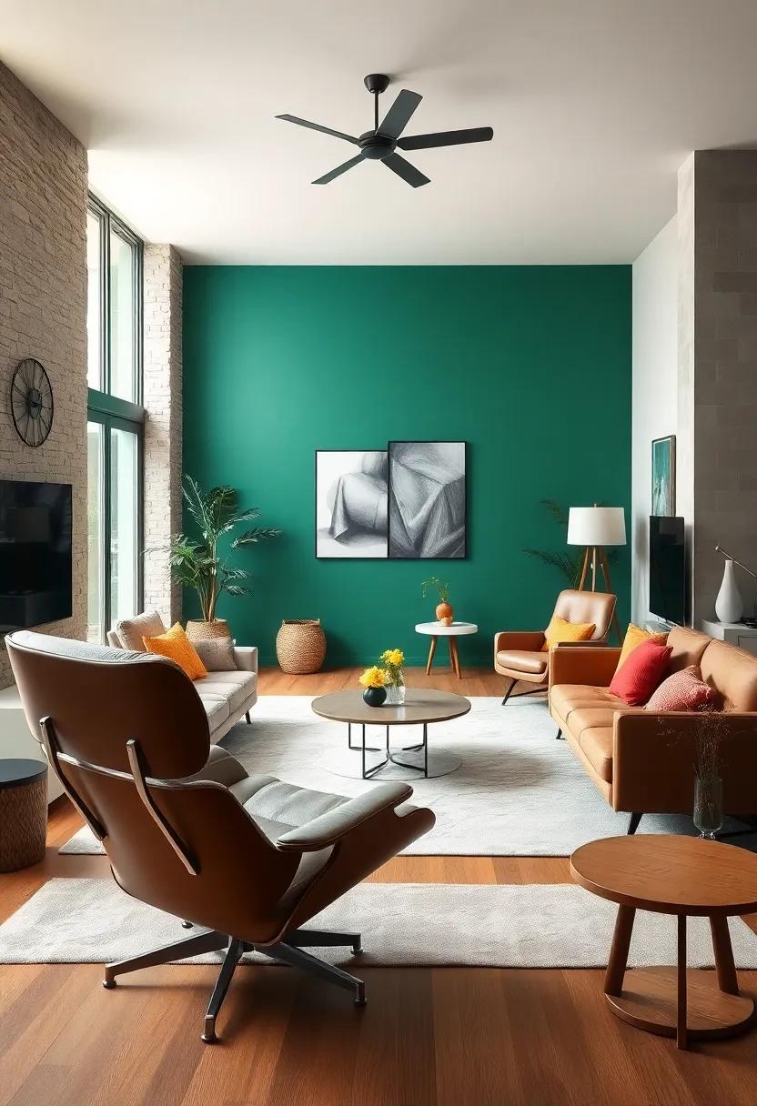 Embrace the essence of mid-century⁢ modern living with ‍a spacious ‍room defined by​ sleek lines and a⁢ bold ⁤color palette, featuring an Eames lounge chair ​that invites‌ relaxation and conversation