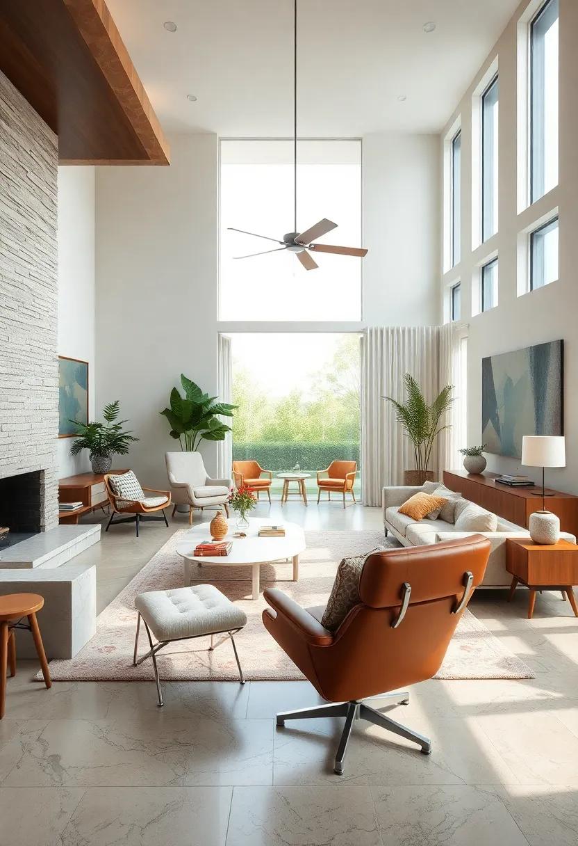 Bask in the⁤ elegance of a high-ceilinged ‍room featuring⁢ a ⁢stunning Eames chair paired‍ with retro-inspired accessories,​ providing an ‌inviting ‌space‍ for both relaxation ‍and entertaining