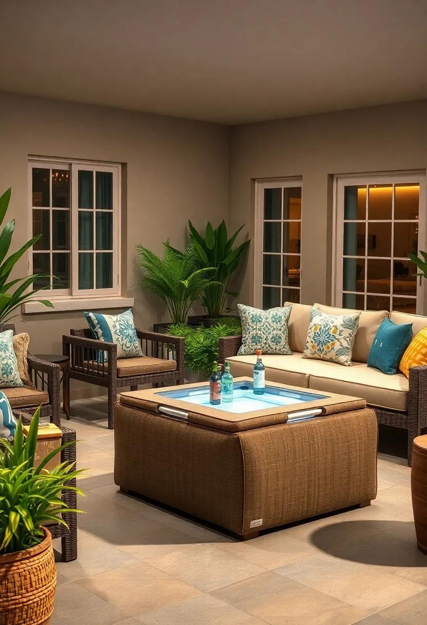 Coffee table Cooler ottoman: This multifunctional ottoman serves as seating, a coffee table, and a hidden cooler all in one, combining form and function