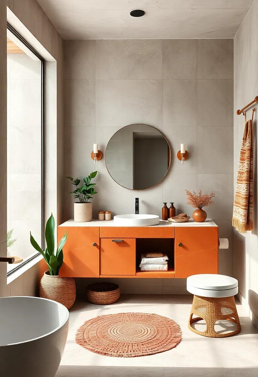 Create ‍a stunning focal point with a terracotta vanity‍ that contrasts beautifully with neutral-colored walls