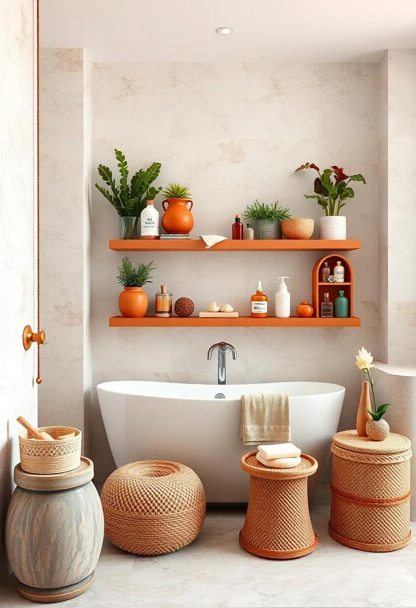 Install terracotta shelves to display an array of boho-inspired decor⁢ items like crystals and handmade soaps