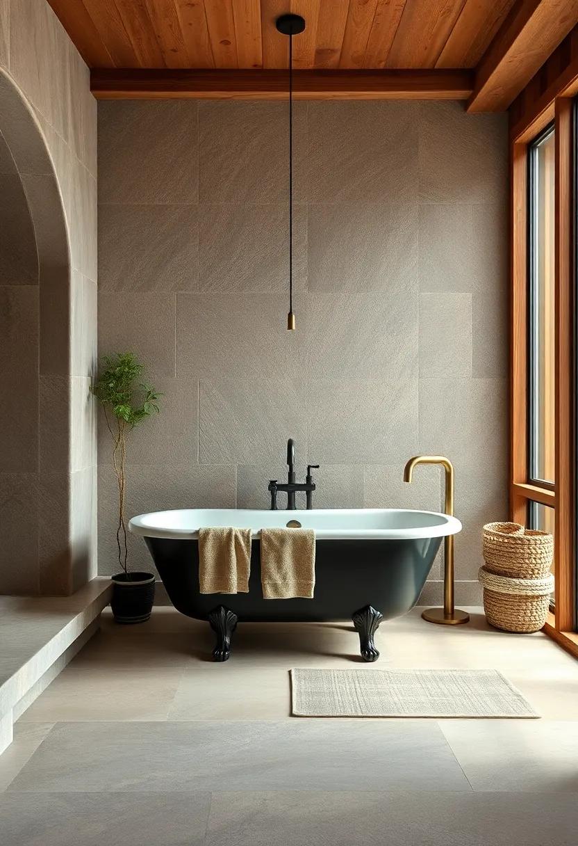 earthy Textures: This earthy bathroom design incorporates natural stone and wood elements, providing a perfect backdrop for a rustic⁢ clawfoot tub that feels‍ organic and grounded