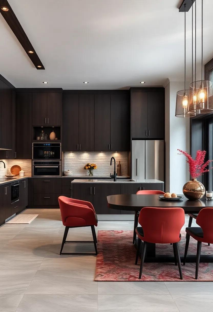 Implement open concept Dining: Use ​dark cabinets to seamlessly connect​ kitchen space with dining areas, promoting a flow