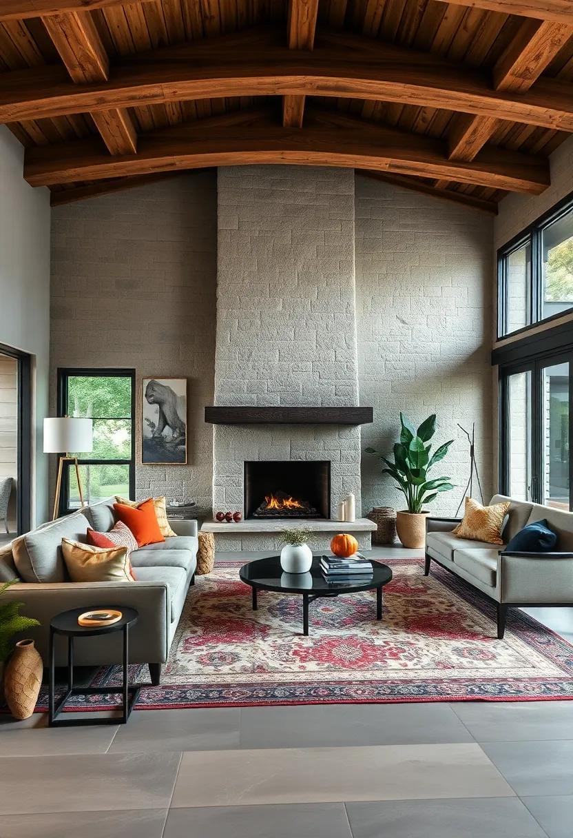 Incorporate⁣ a mix of patterns with⁣ layered‍ rugs ⁢underfoot, drawing the eye‌ to both the fireplace and the unique textures of the‍ wooden beamed ceiling