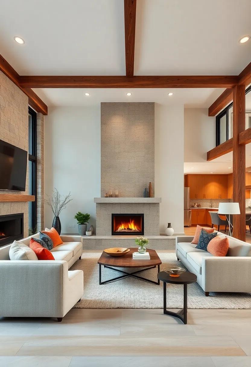 Embrace an open floor‍ plan‍ that allows for a seamless transition from living ​room to‍ kitchen, ⁣with a fireplace as a ​central feature for warmth