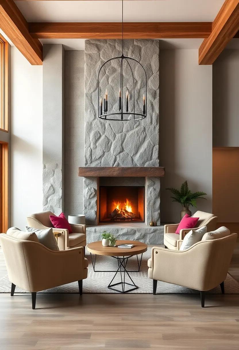 Design a cozy ⁢conversation area ⁢around the fireplace, ⁢with plush armchairs and a small side table for drinks, fostering a welcoming ambiance