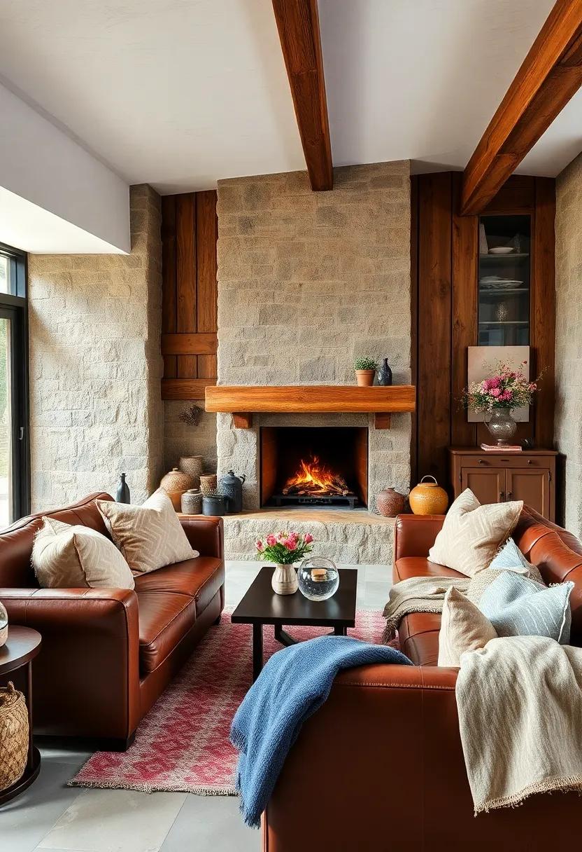 Layer⁢ plush cushions and soft throws on a vintage leather sofa, inviting ⁣guests‍ to sink in‌ and enjoy the‍ crackling fire against a backdrop of rustic timber
