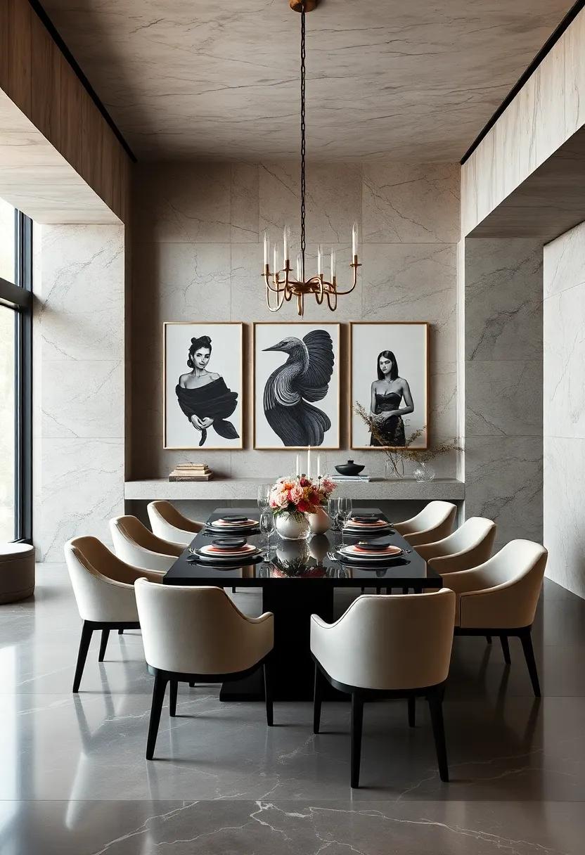 Opulent Minimalism:⁢ A sleek ⁢dining room adorned with oversized black-and-white⁣ photography, offering a modern⁢ yet understated elegance that speaks volumes