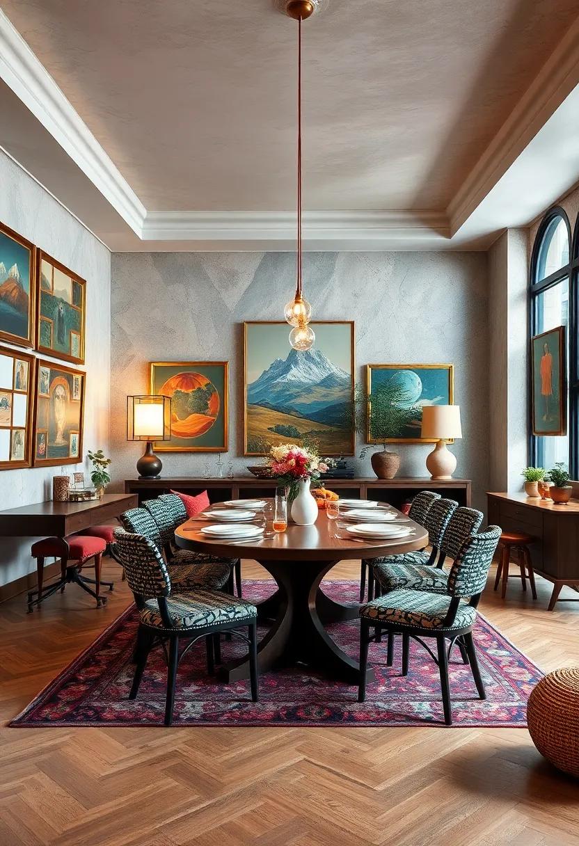 Bohemian Chic: A vibrant ⁣dining space overflowing ⁣with‌ colorful textiles​ and​ eclectic art pieces, showcasing a mix of cultural influences that tell a ‌story of travel and adventure