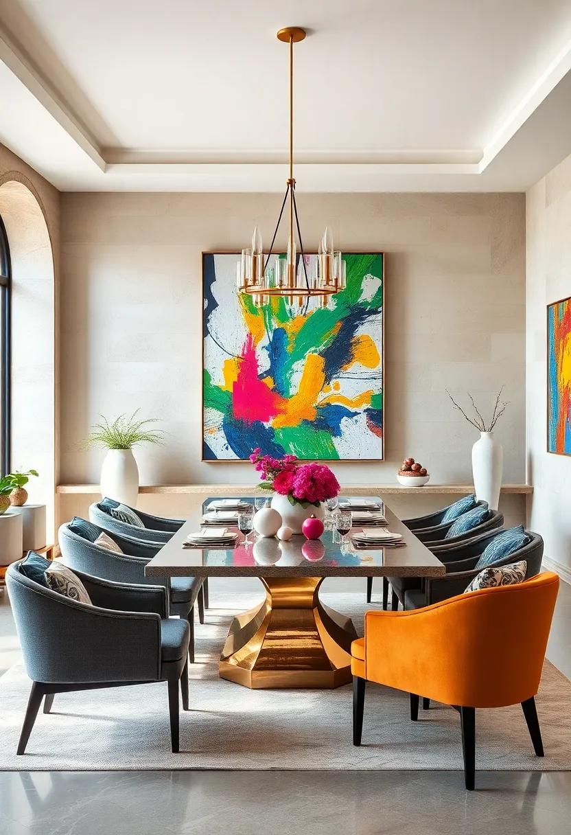 Artistic Explosion: Bright splashes of color⁤ define this dining room,⁢ where bold, abstract art serves ‍as the focal point, making every gathering a lively⁤ affair