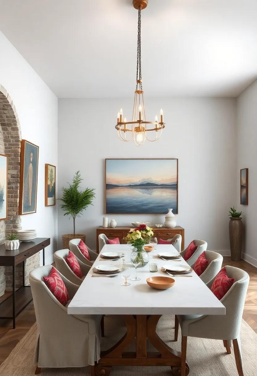 Rustic Charm: This farmhouse-inspired dining room boasts reclaimed wood accents and cozy,⁣ earth-toned artwork that invites a sense of home ⁣and comfort