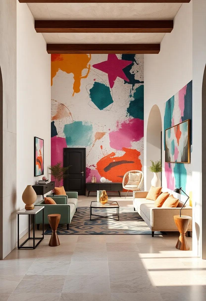 Abstract splashes: A whimsically abstract design, where colors collide, ensuring that every arrival feels like stepping into a gallery