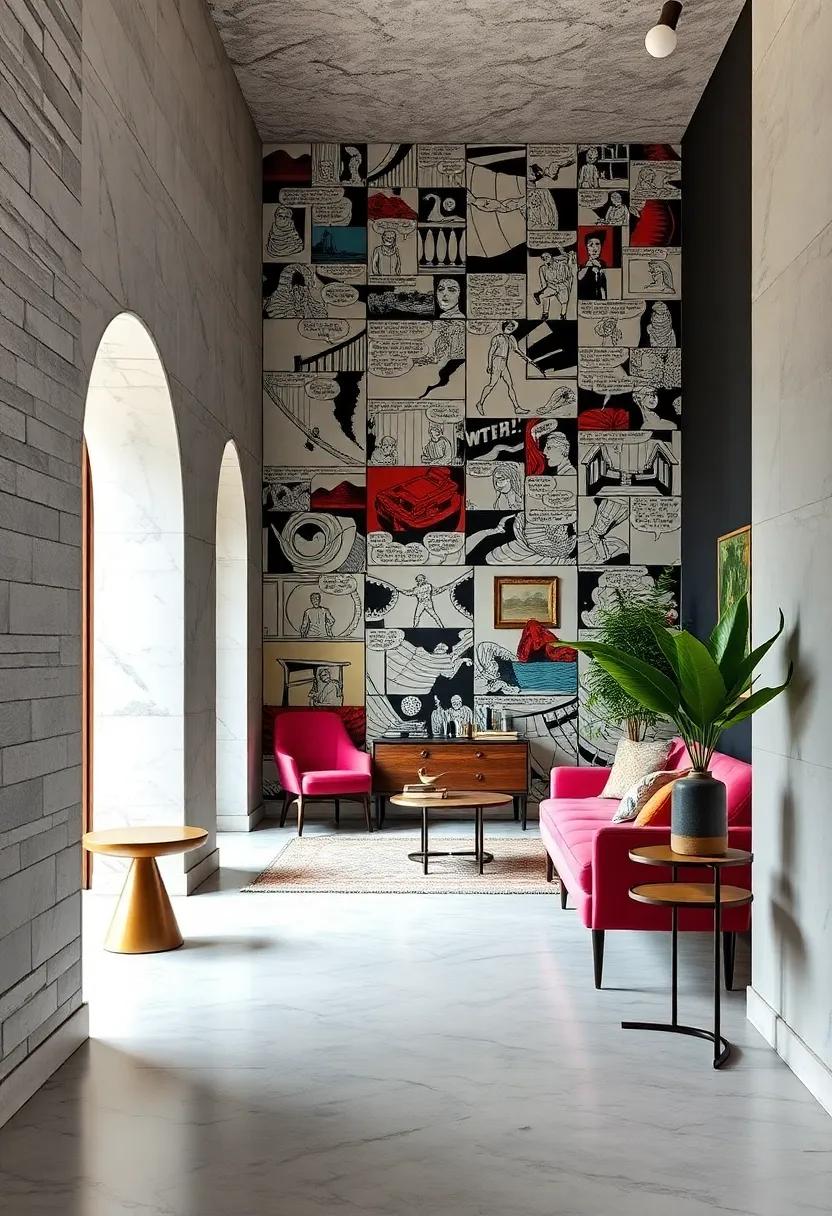 Graphic narratives: A comic-inspired wallpaper where each section tells a story, adding a playful twist to the entryway