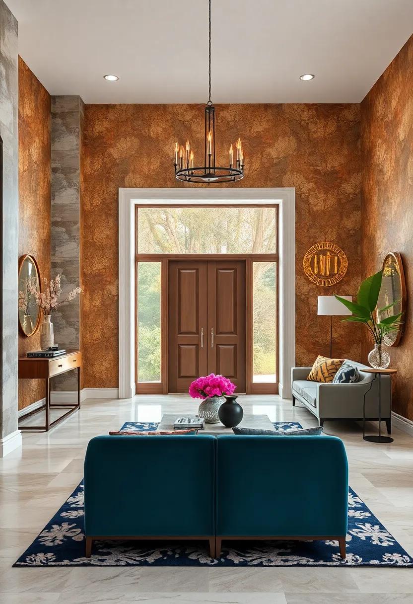 Metallic accents: Shimmering wallpaper with metallic foils that reflects light and adds glamour to your foyer