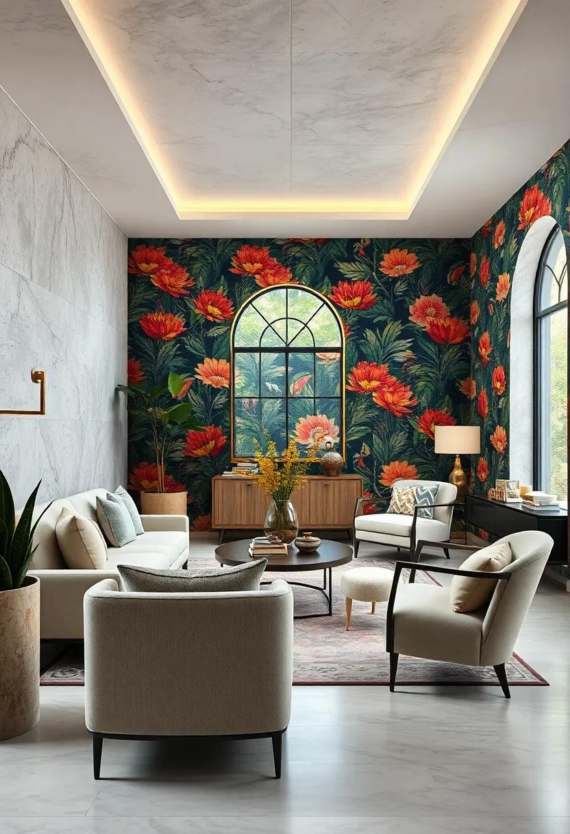 Minimalist maximalism: Clash of styles where minimalistic furniture meets maximalist wallpaper for a harmonious but eclectic feel