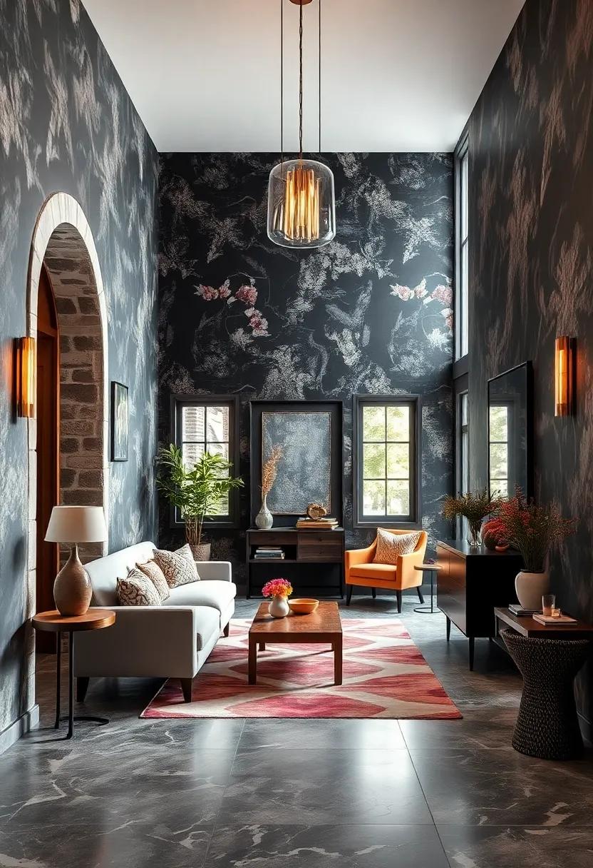Moody tones: Dark, rich wallpaper featuring abstract designs that forge a dramatic and cozy atmosphere in the entryway