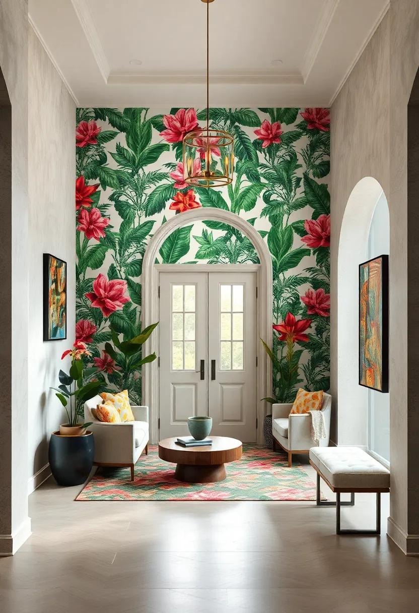 tropical florals: Lush greens and vibrant exotic flowers that cultivate a paradise feel right at your entrance