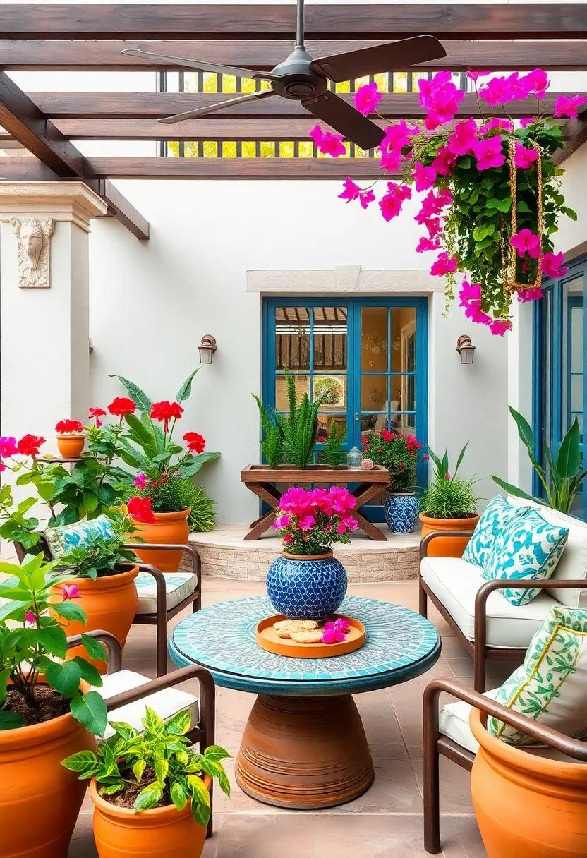 Mediterranean Escape: Infuse your space with terracotta pots filled with vivid bougainvillea and a stunning blue mosaic table for an authentic feel