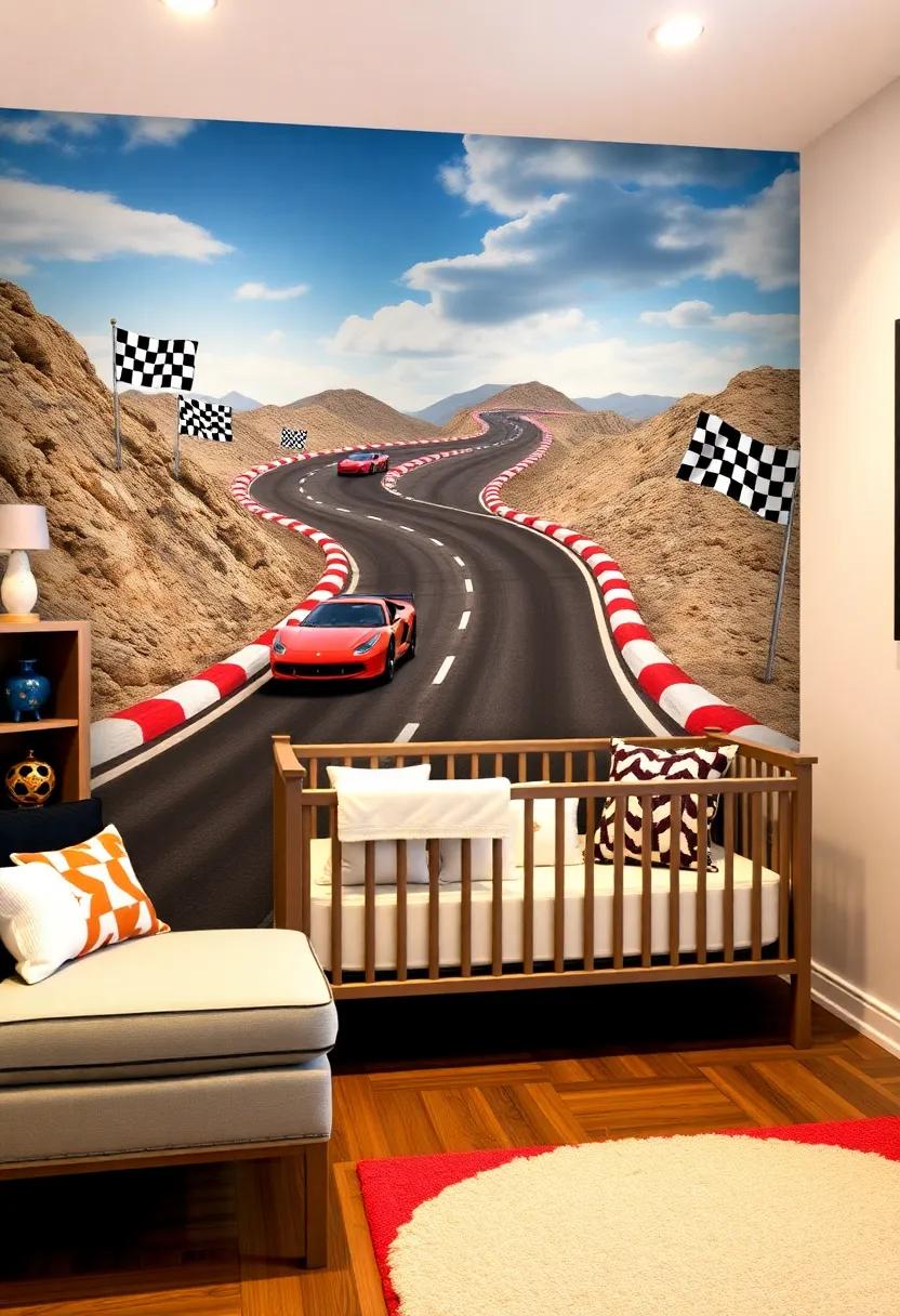 Race Track Wall ‌Murals: transform the nursery walls ⁢into a thrilling racetrack ‍scene, featuring winding​ roads and checkered ​flags ‌to ​ignite ​your ‌little​ speedster's⁤ imagination