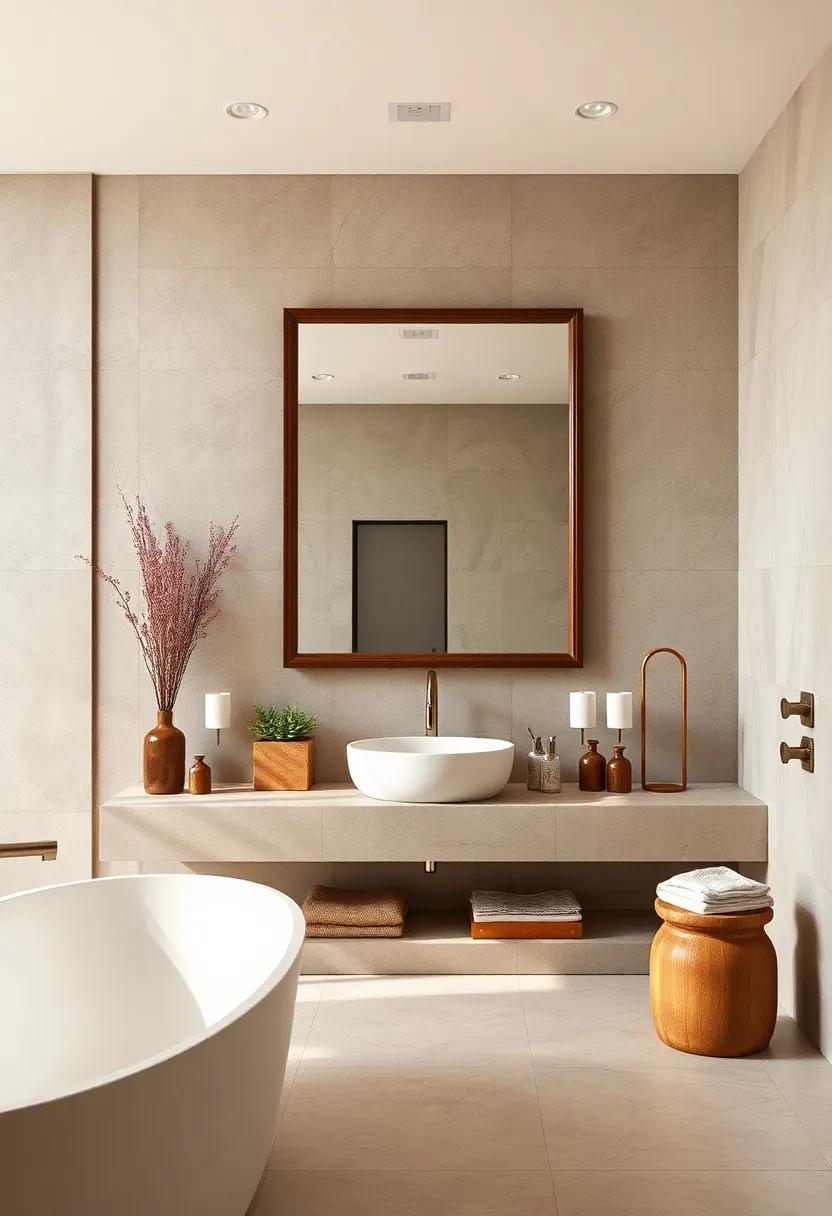 Add an elegant touch with​ a large, framed mirror ​that reflects both rustic and luxury elements