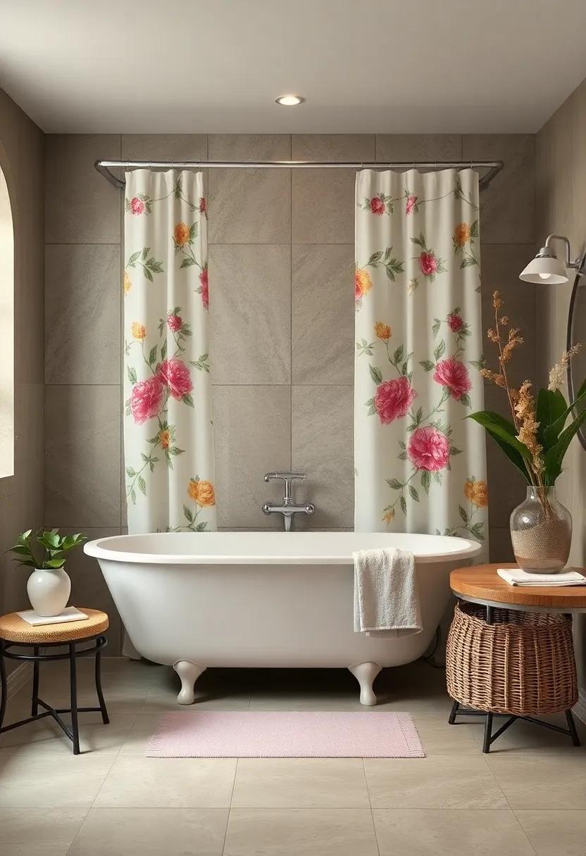 Floral Shower Curtains: Opt for a vintage floral pattern that complements​ your overall theme while adding a fresh feel to your shower space
